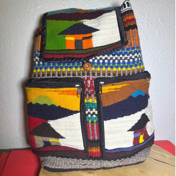 Boho Wool Backpack Aztec Print Linedd Hippie Retro Western Homemade - Picture 1 of 10